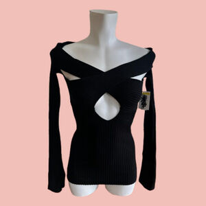 The Attico Black Ribbed Off Shoulder Sweater Top – Cutout Detail Size 42